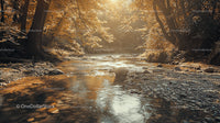 Golden Forest River with Autumn Leaves and Sunlight