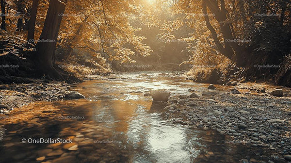 Golden Forest River with Autumn Leaves and Sunlight