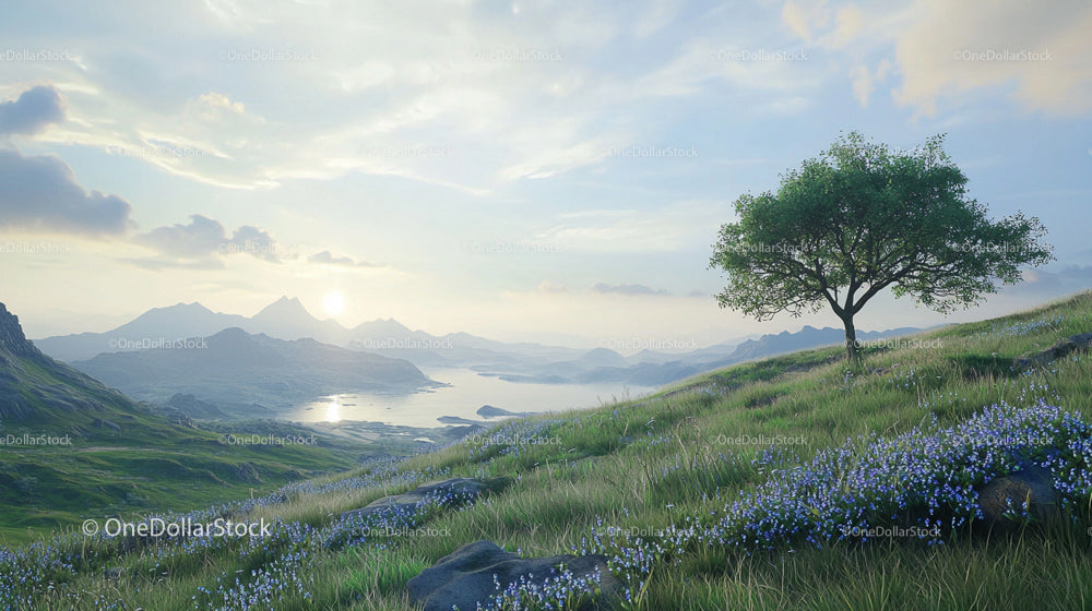 Lone Tree on Grassy Hills at Sunrise in Serene Landscape