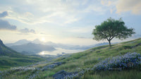 Lone Tree on Grassy Hills at Sunrise in Serene Landscape