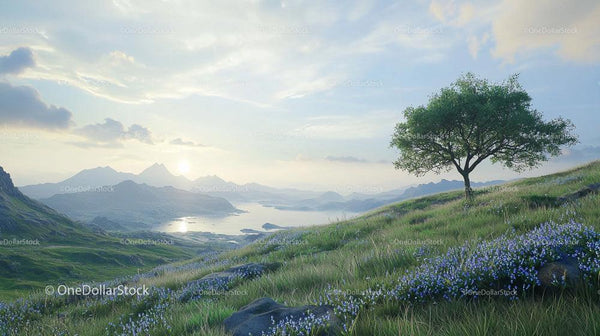 Lone Tree on Grassy Hills at Sunrise in Serene Landscape