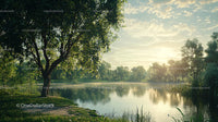 Tranquil Lake Surrounded by Lush Green Trees at Sunrise