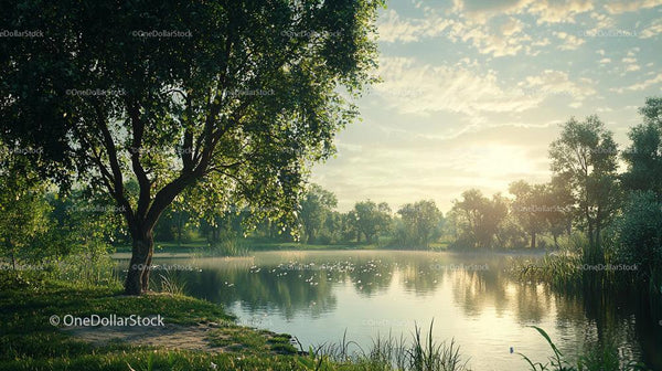 Tranquil Lake Surrounded by Lush Green Trees at Sunrise