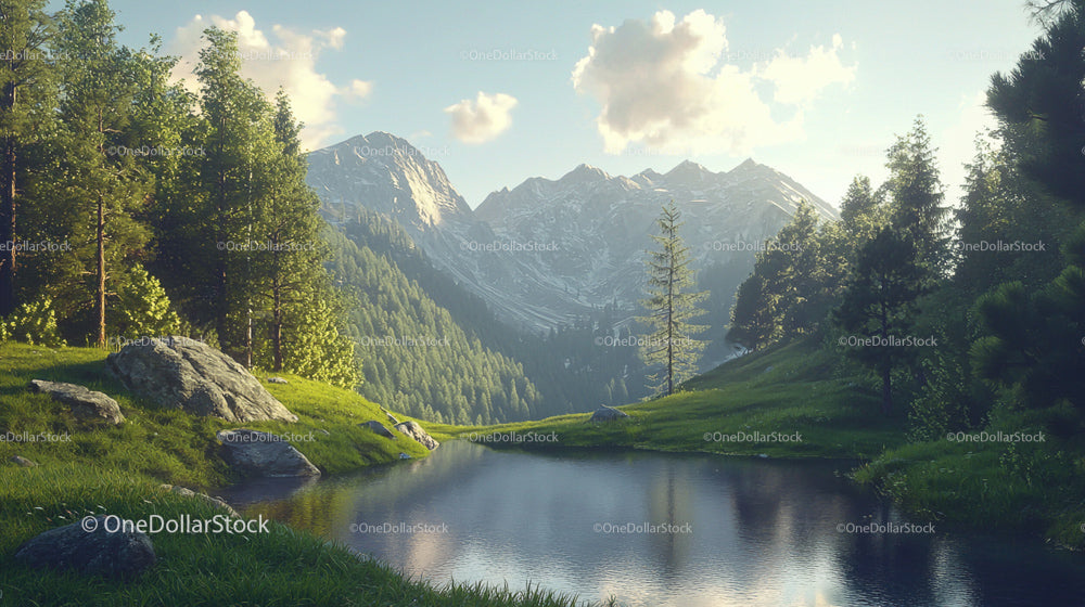 Serene Alpine Lake Surrounded by Majestic Mountains