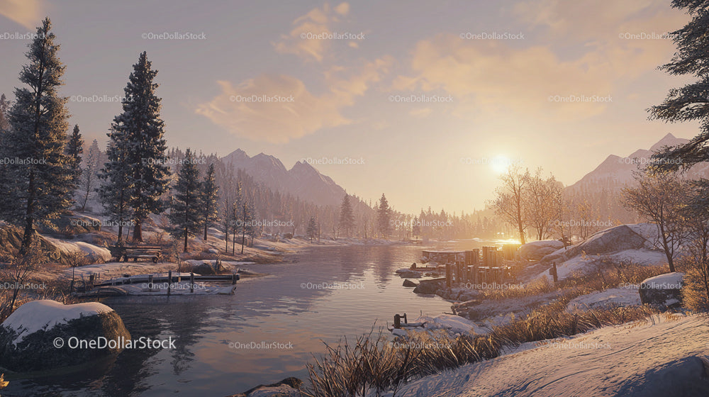 Tranquil Winter Sunset Over Snowy River and Pine Forest