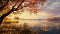 Golden Autumn Leaves Reflecting on Tranquil Lake Surface