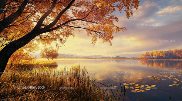 Golden Autumn Leaves Reflecting on Tranquil Lake Surface