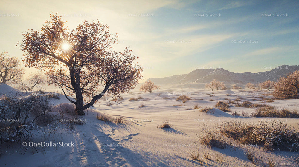 Winter Sunrise Over Snow-Covered Desert Landscape