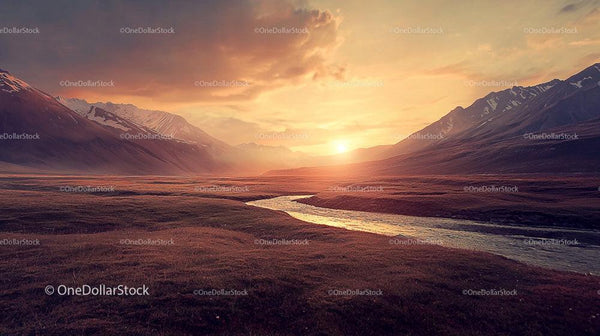 Majestic Mountain Sunset Over Serene River Valley