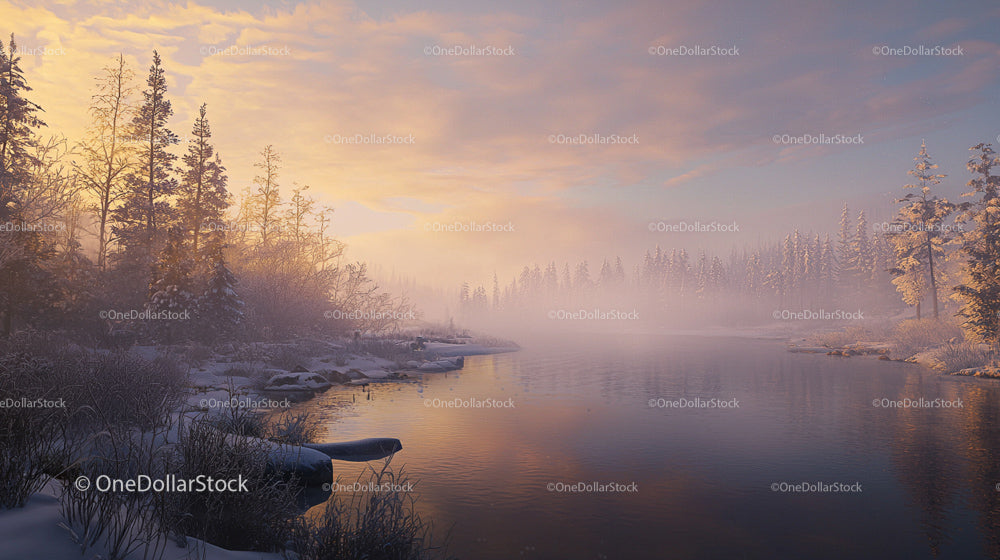 Misty Winter Morning with Snow-Covered Trees by a Calm River