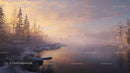 Misty Winter Morning with Snow-Covered Trees by a Calm River
