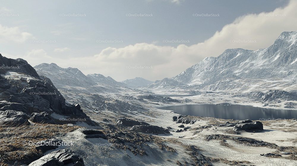 Snowy Rocky Mountains and Tranquil Lake in Winter
