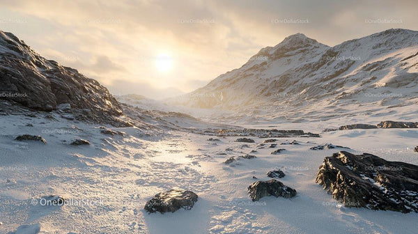 Serene Sunrise Over Snow-Covered Mountain Range