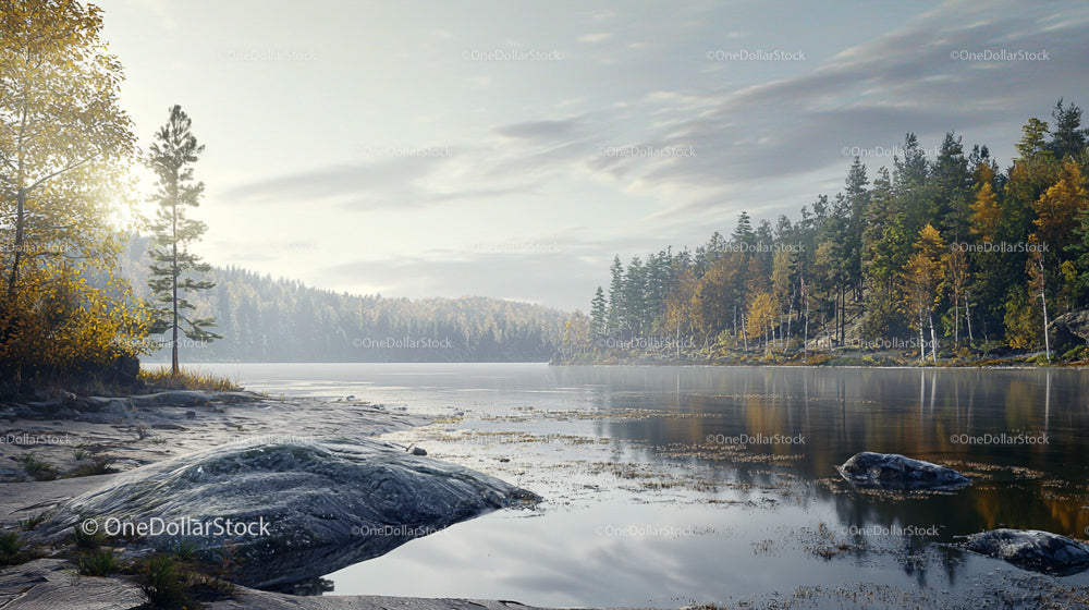 Serene Autumn Lake with Forest Reflections at Sunrise
