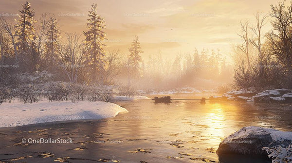 Golden Sunset Over Winter River with Snowy Banks