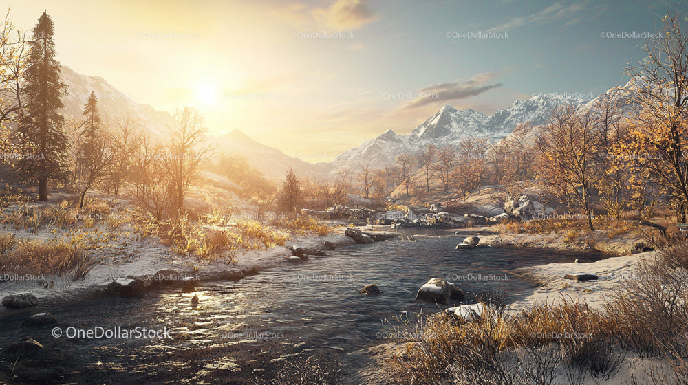 Winter Sunrise Over Snow-Dusted Mountain River