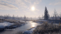 Winter Landscape with Frozen River and Snowy Fields