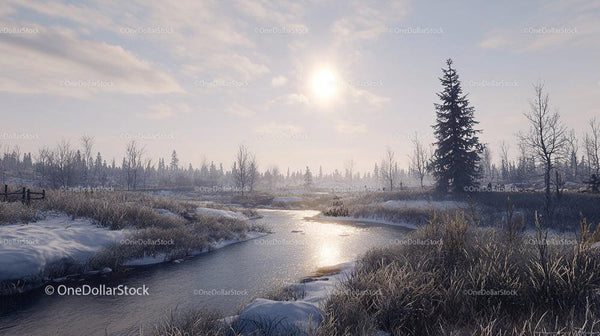 Winter Landscape with Frozen River and Snowy Fields