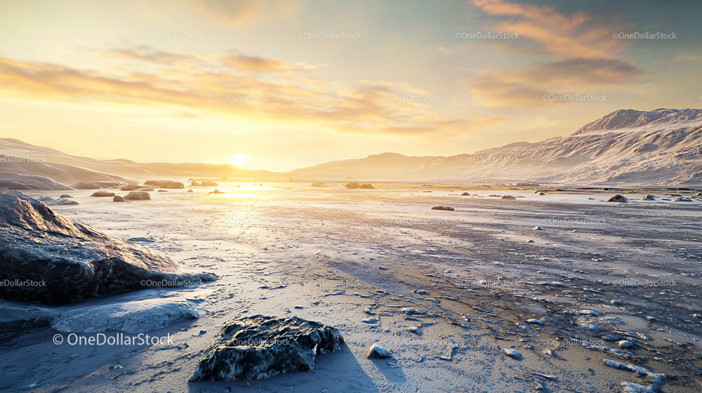 Icy Landscape with Snowy Mountains at Sunset