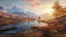 Golden Autumn Landscape with Snow-Capped Mountains and Serene Lake