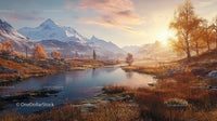 Golden Autumn Landscape with Snow-Capped Mountains and Serene Lake