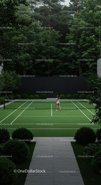 Woman Playing Tennis on Secluded Green Court