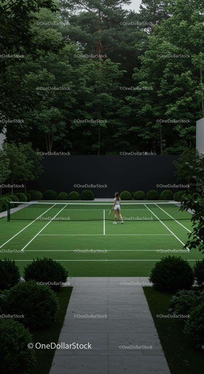 Woman Playing Tennis on Secluded Green Court