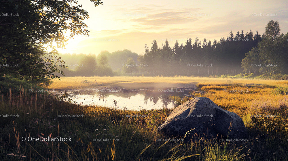 Serene Pond at Sunrise with Lush Forest Background