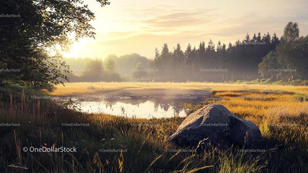 Serene Pond at Sunrise with Lush Forest Background