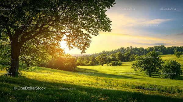 Sunlit Meadow with Lush Greenery at Sunset