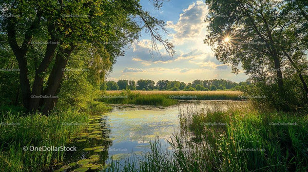 Tranquil Pond with Lush Greenery and Sunbeam through Trees