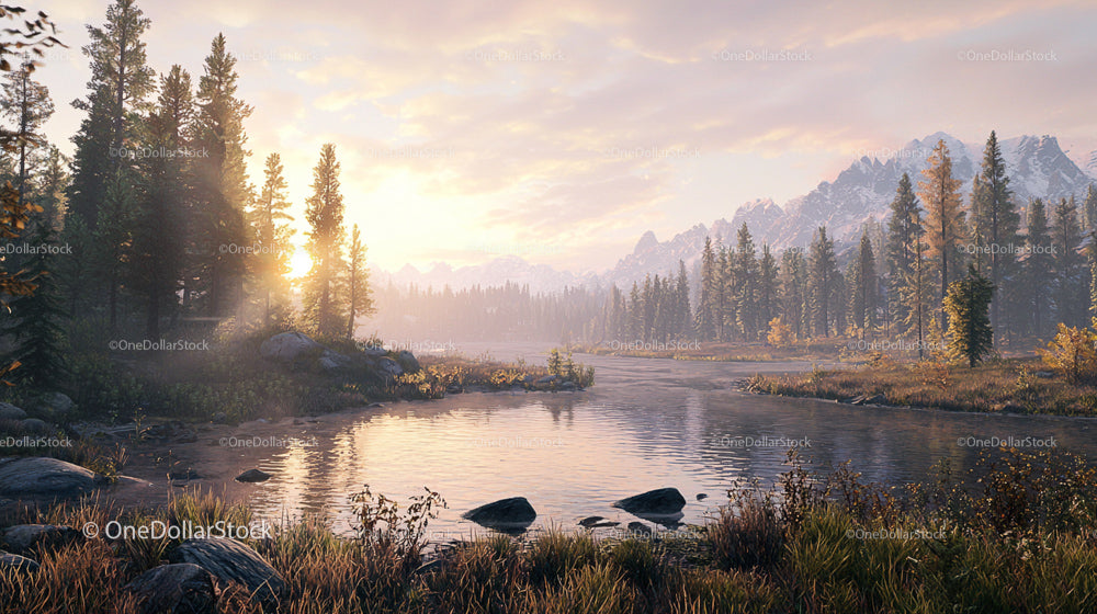 Tranquil Sunset Over Pine Forest and Mountain River