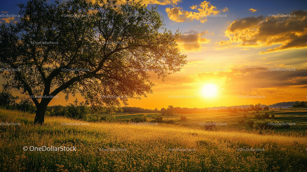 Majestic Sunset Over a Serene Countryside Meadow