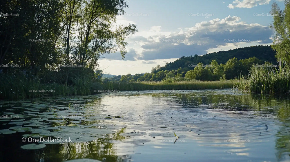 Tranquil Lake with Lush Greenery and Clear Blue Sky