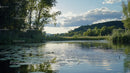Tranquil Lake with Lush Greenery and Clear Blue Sky