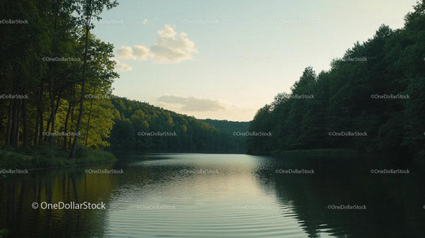 Serene Forest Lake with Reflecting Trees at Sunset