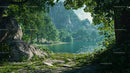 Tranquil Lake Surrounded by Lush Green Forest and Mountains