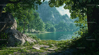 Tranquil Lake Surrounded by Lush Green Forest and Mountains
