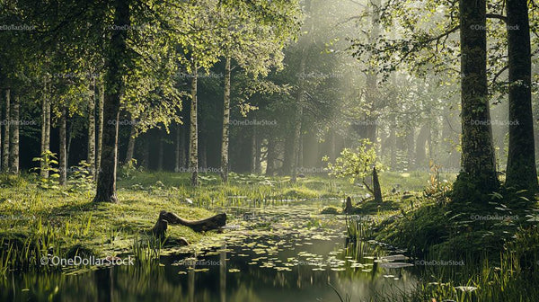 Sunlit Forest with Tranquil Pond and Lush Greenery