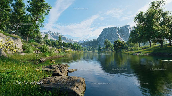 Scenic Mountain Lake with Lush Greenery and Clear Blue Sky
