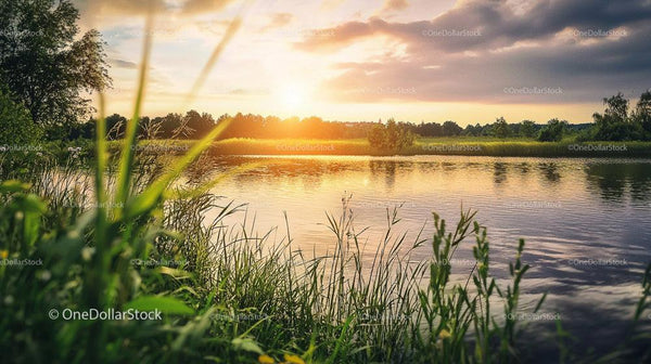 Tranquil Sunset Over a Serene Lake with Grassy Shoreline