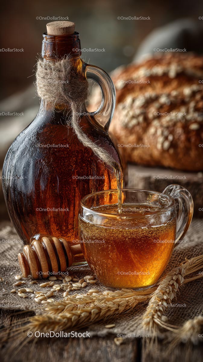 Rustic Honey Jar and Bread with Wheat on Wooden Table
