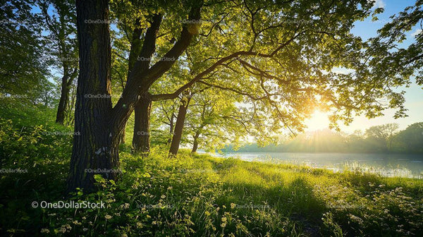 Sunrise Over Tranquil Riverside with Lush Green Foliage
