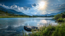 Serene Mountain Lake with Bright Sun and Fluffy Clouds