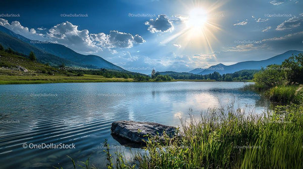 Serene Mountain Lake with Bright Sun and Fluffy Clouds