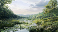 Scenic Summer Landscape with Lush Greenery and Calm River