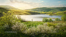 Serene Lake with Blooming Bushes and Lush Green Hills