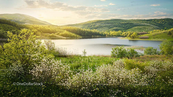 Serene Lake with Blooming Bushes and Lush Green Hills