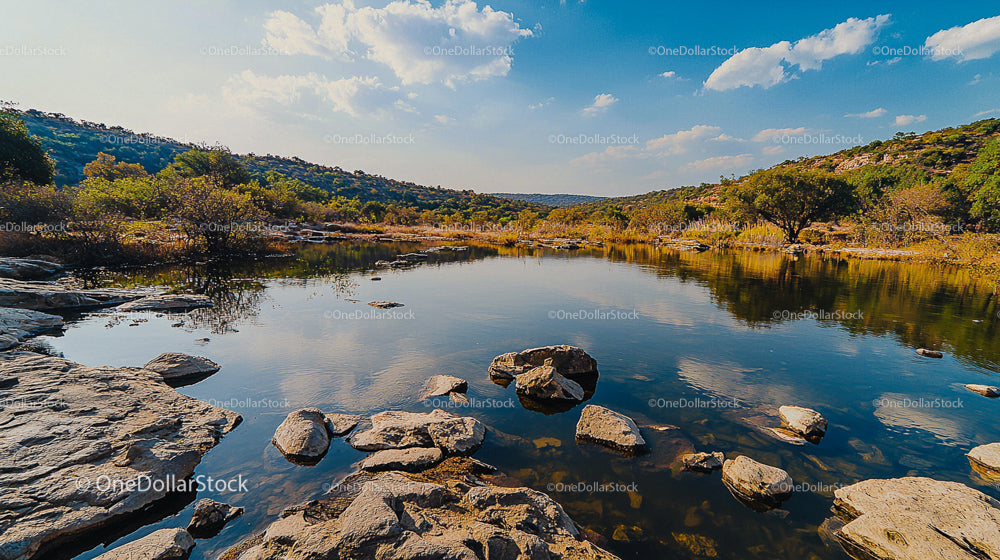Tranquil River Scene with Rocky Bank and Reflective Waters