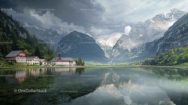 Mountain Village with Serene Lake and Dramatic Clouds